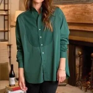 Frank & Eileen “Victoria" Italian Cotton Tuxedo Shirt Green Surplice Neck Pocket